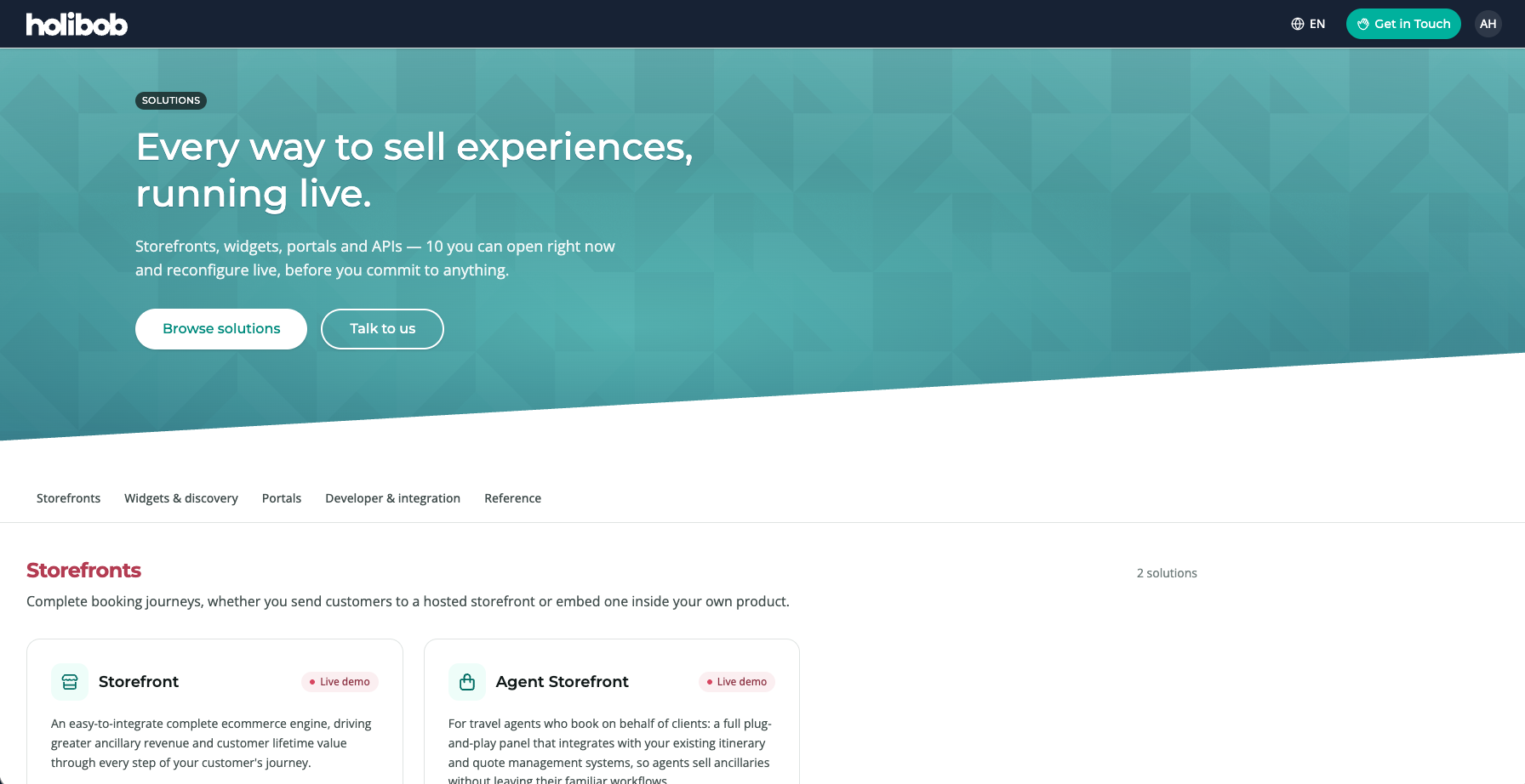The Holibob demo site: an experiences marketplace storefront.